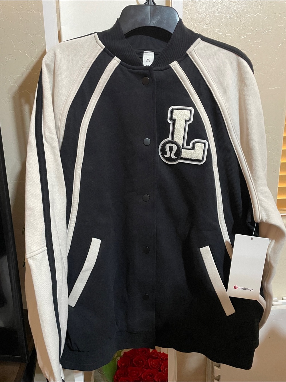 lululemon athletica Black and Cream Varsity Bomber Jacket